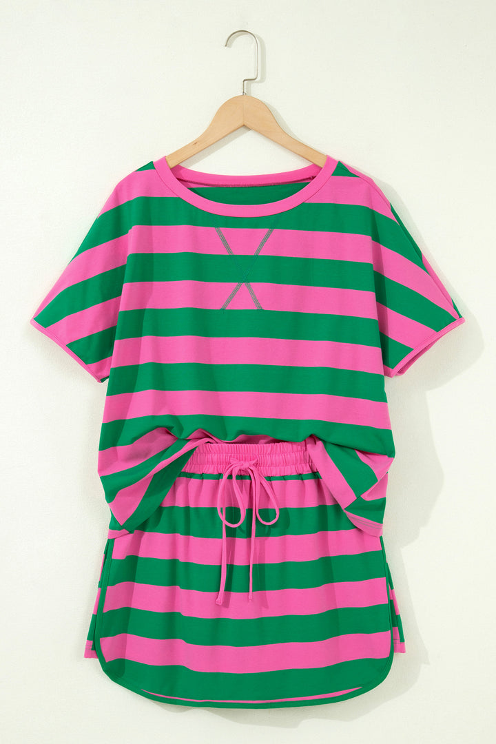 Stripe Dolman Tee Drawstring Skort Athletic 2pcs Set