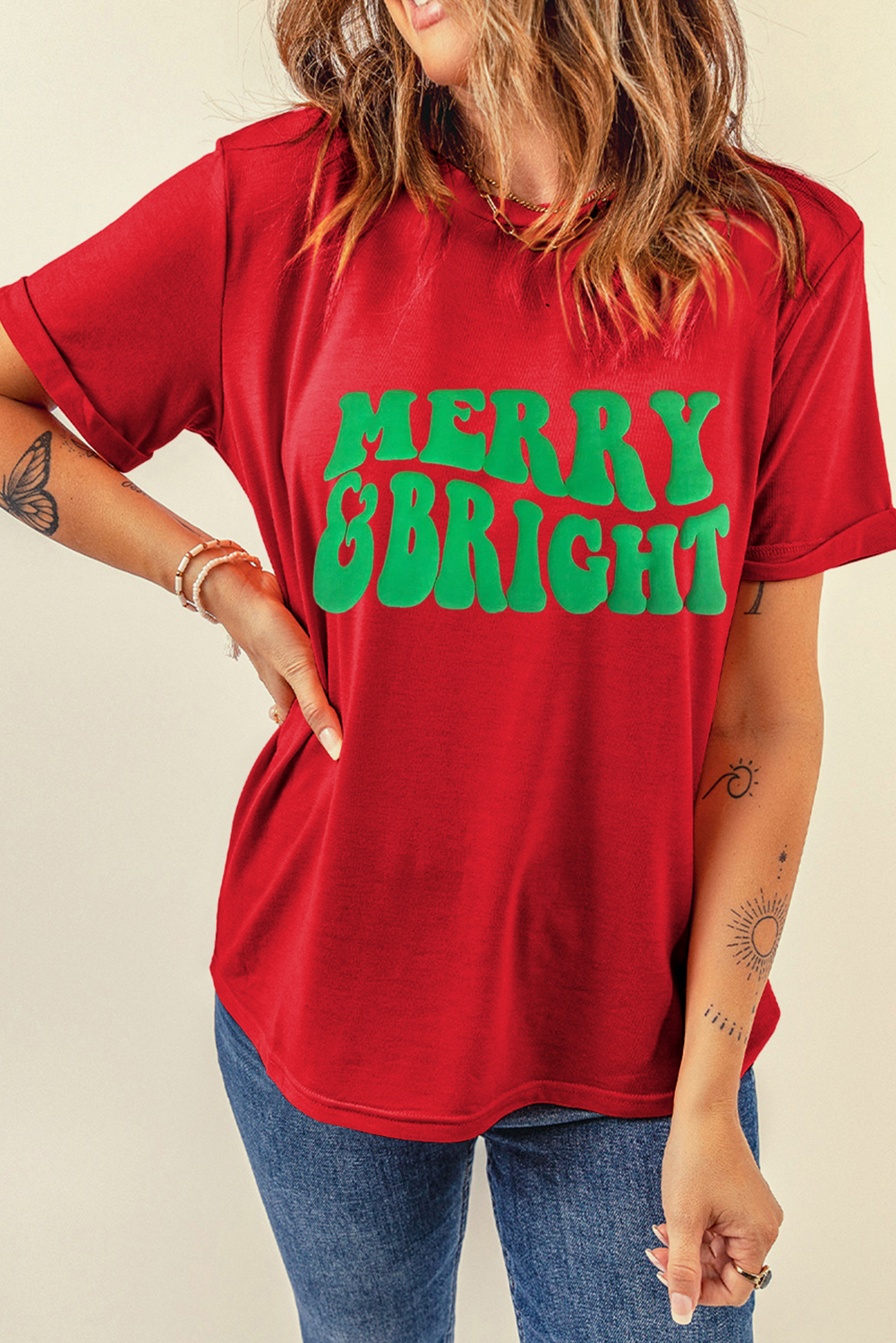 Red MERRY BRIGHT Crew Neck Graphic T Shirt