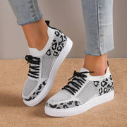 Lace-Up Leopard Flat Sneakers - White / 36(US5)