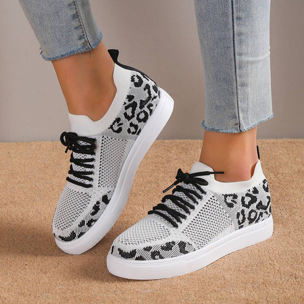 Lace-Up Leopard Flat Sneakers - White / 36(US5)