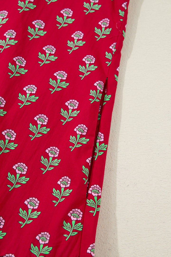 Red Floral Print Contrasted V Neck Short Bubble Sleeve Mini Dress