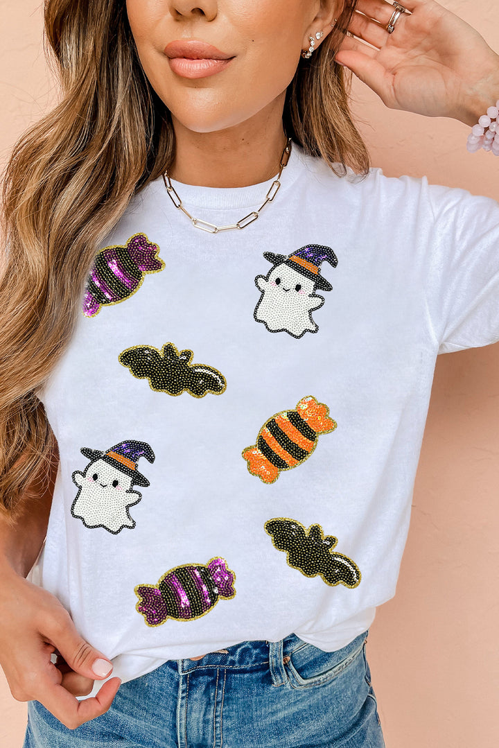 Sequined Halloween Spirit Pattern Patched Custom Casual Tee