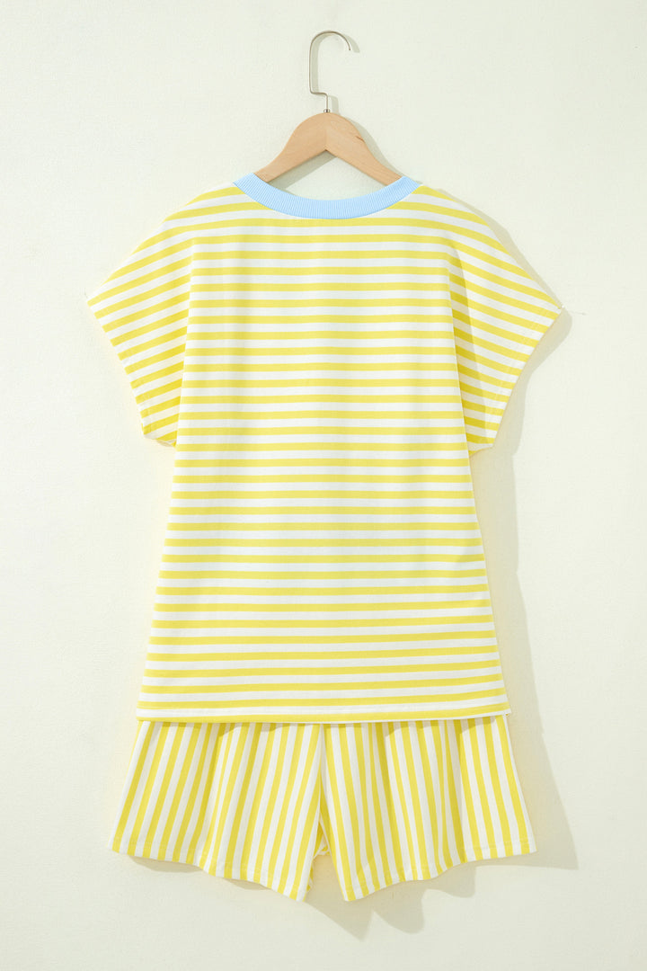 Stripe Colorblock Trim V Neck Tee Drawstring Elastic Waist Short Set