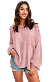 Pink Exposed Seam Patchwork Bubble Sleeve Waffle Knit Top -