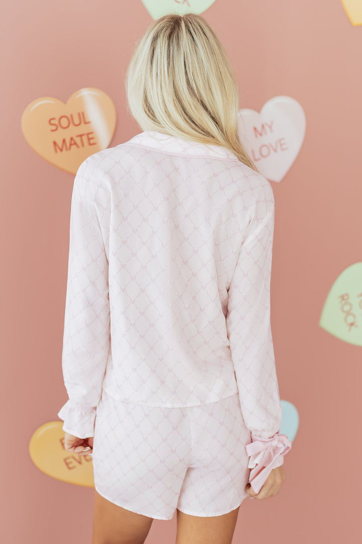 Pink Bow Lattice Print Bow Ties 2pcs Pajama Set