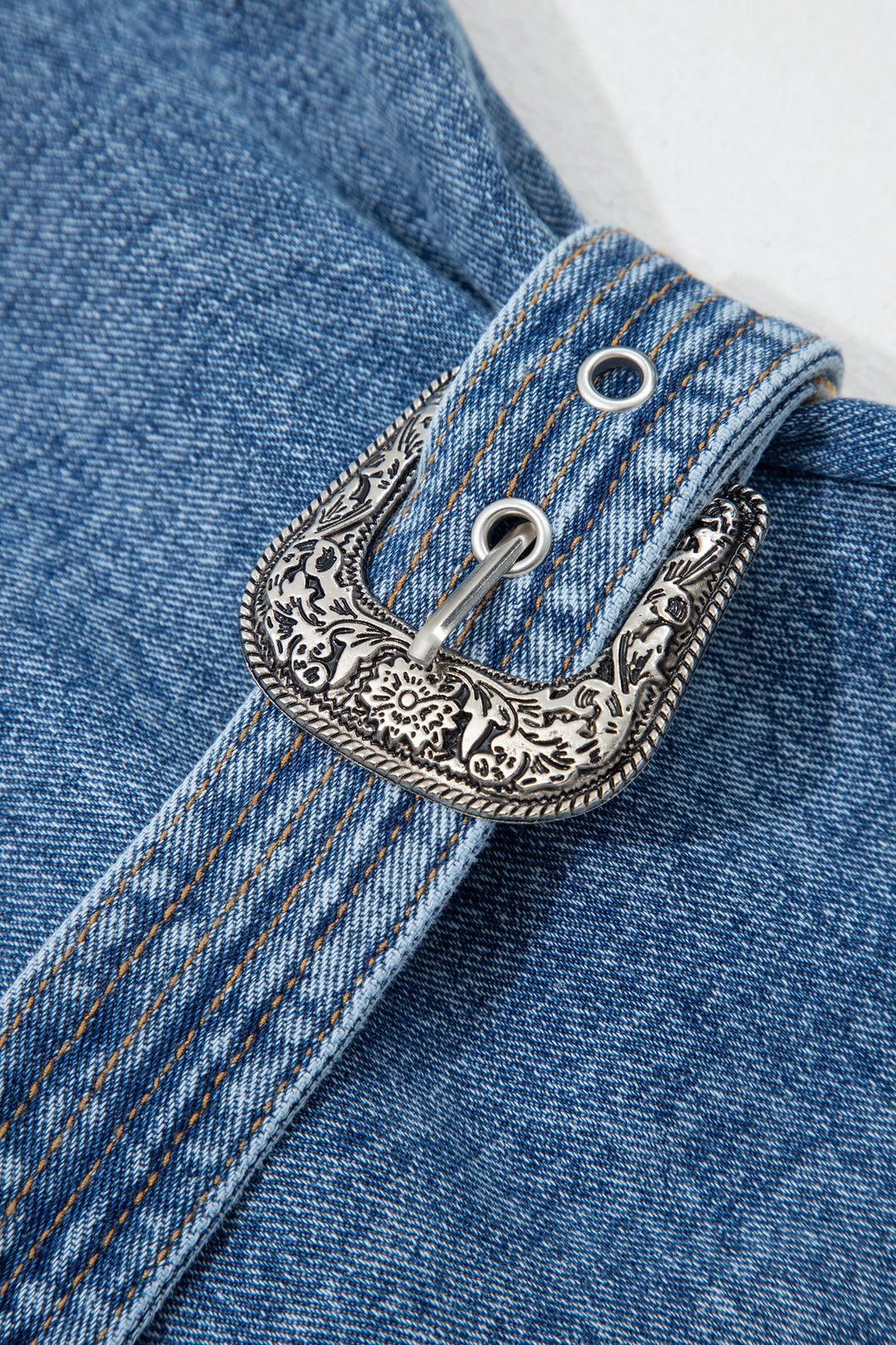 Myosotis Western Belt Button Down Sleeveless Denim Short Dress