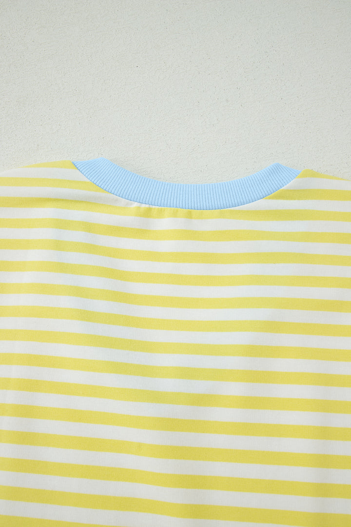 Stripe Colorblock Trim V Neck Tee Drawstring Elastic Waist Short Set