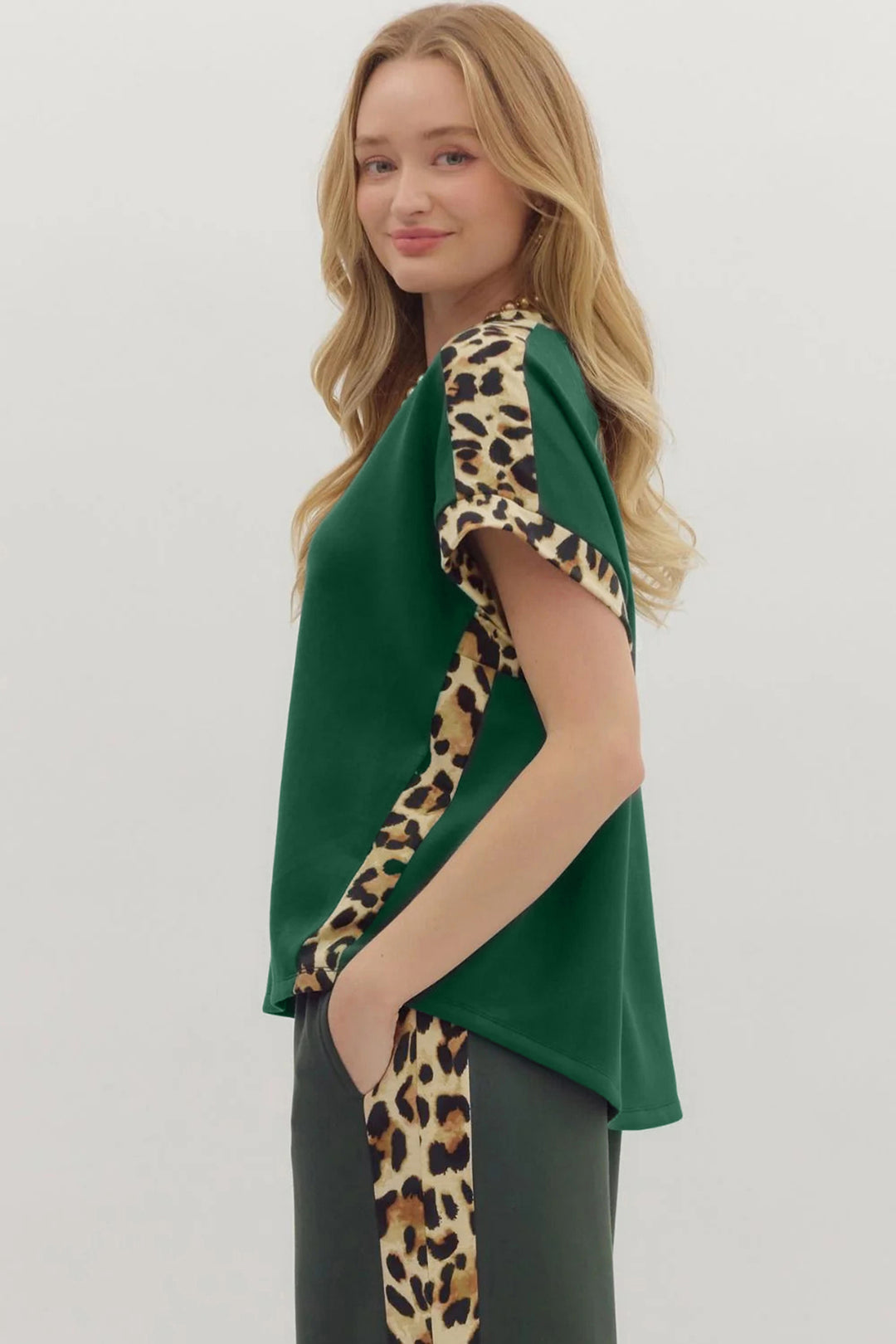Green Leopard Trim Round Neck Loose T Shirt