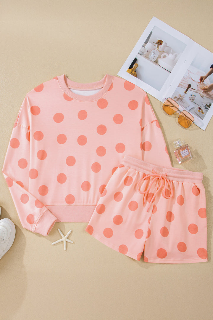 Polka Dot Print Drop Shoulder Pullover Drawstring Shorts Set