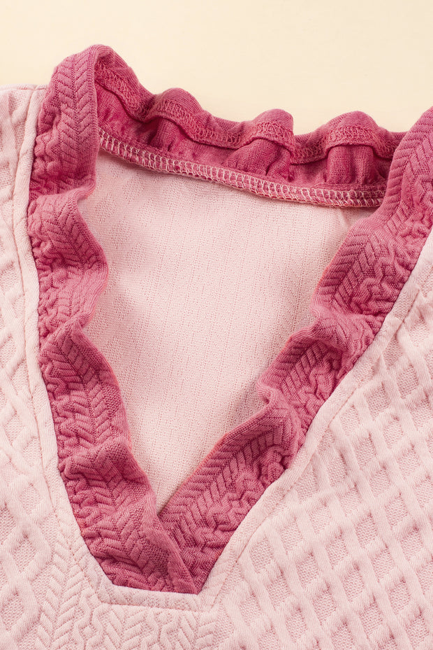 Light Pink Textured Puff Sleeve Ruffled V Neck Shift Mini Dress