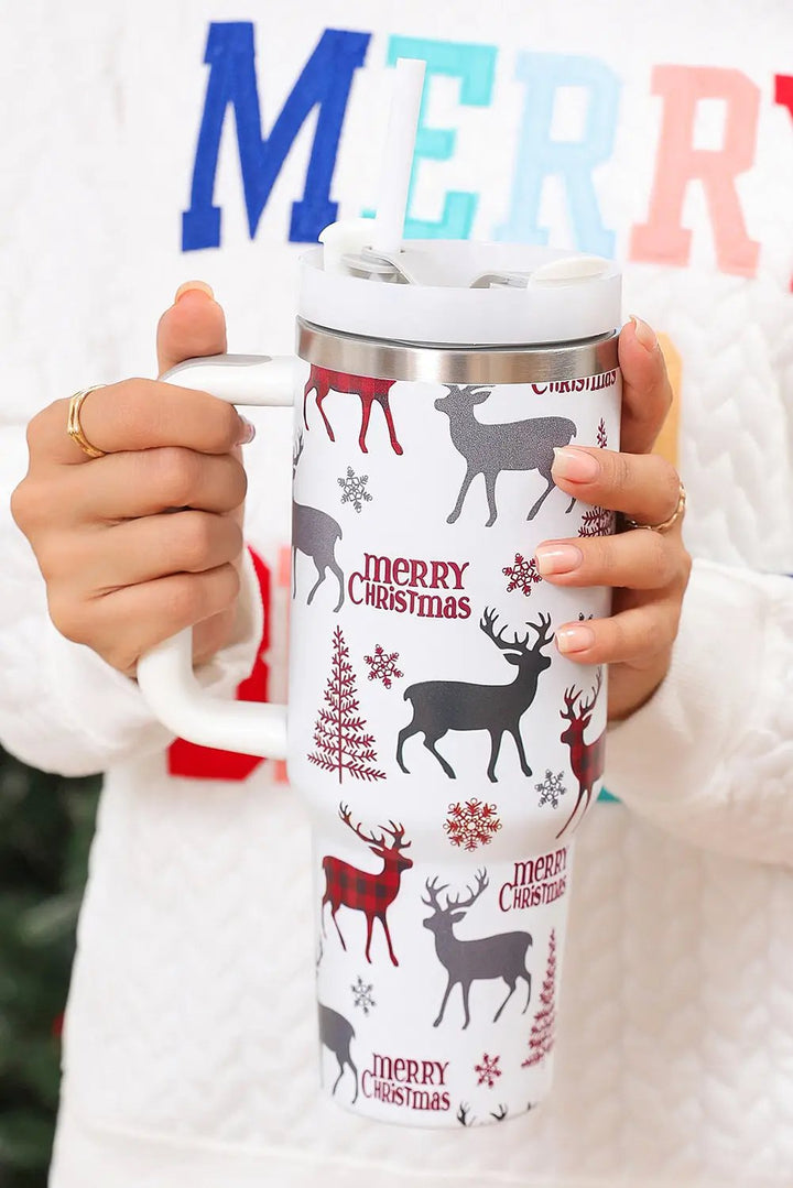 White Merry Christmas Tree Snowflake Elk Print 40 oz Tumbler Cup