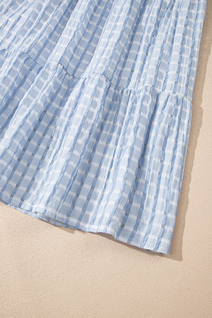 Light Blue Plaid Tiered A-line Sleeveless Mini Sundress