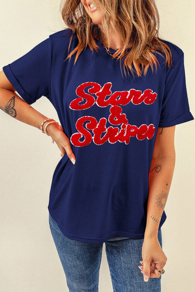Blue Chenille Stars & Stripes Patched Graphic T Shirt - Blue / S