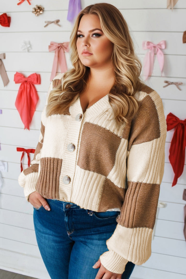 Khaki Checkered Ribbed Texture Knit Plus Size Cardigan Sweater