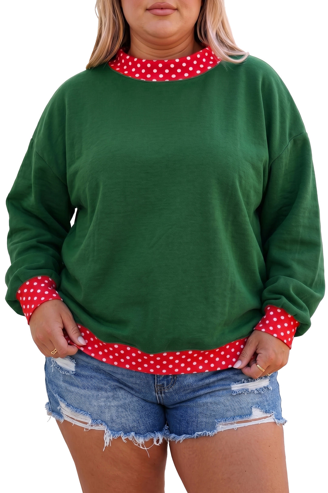 Racing Red Polka Dot Patchwork Round Neck Plus Size Sweatshirt