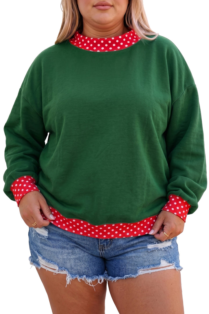 Racing Red Polka Dot Patchwork Round Neck Plus Size Sweatshirt