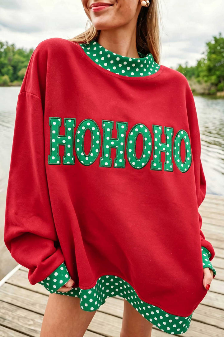 Polka Dot Letter Print Contrast Trim Mock Neck Sweatshirt