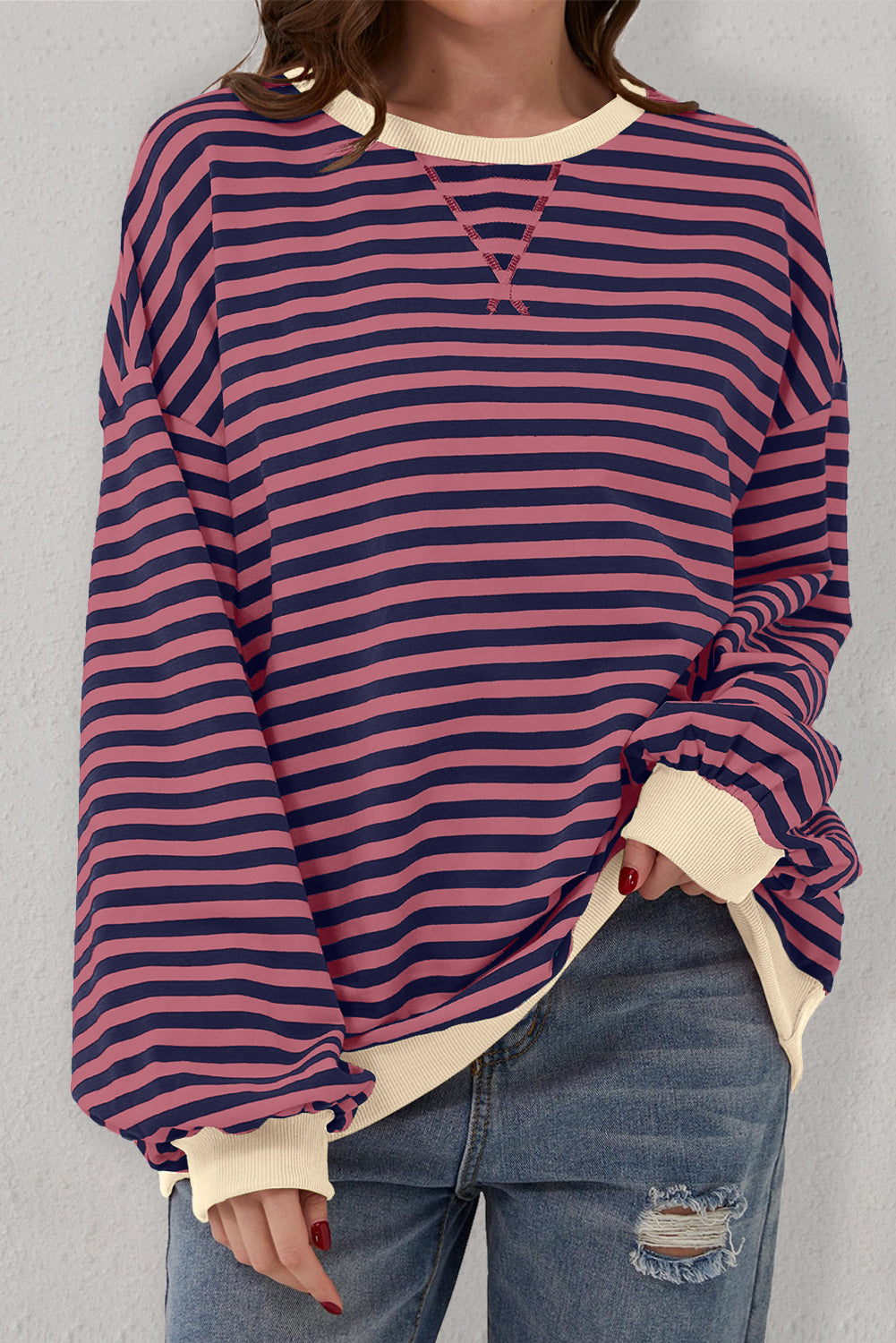 Stripe Oversized Contrast Trim Pullover Sweatshirt