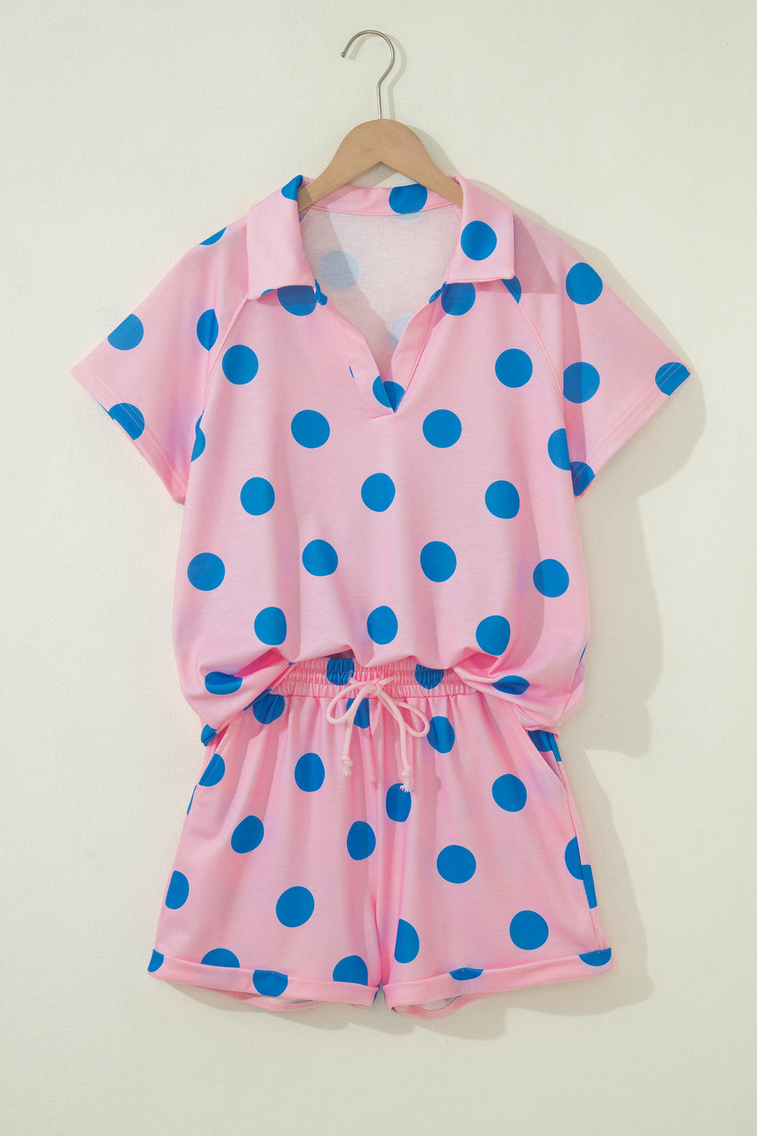 Polka Dot Print V Neck Tee Short Set