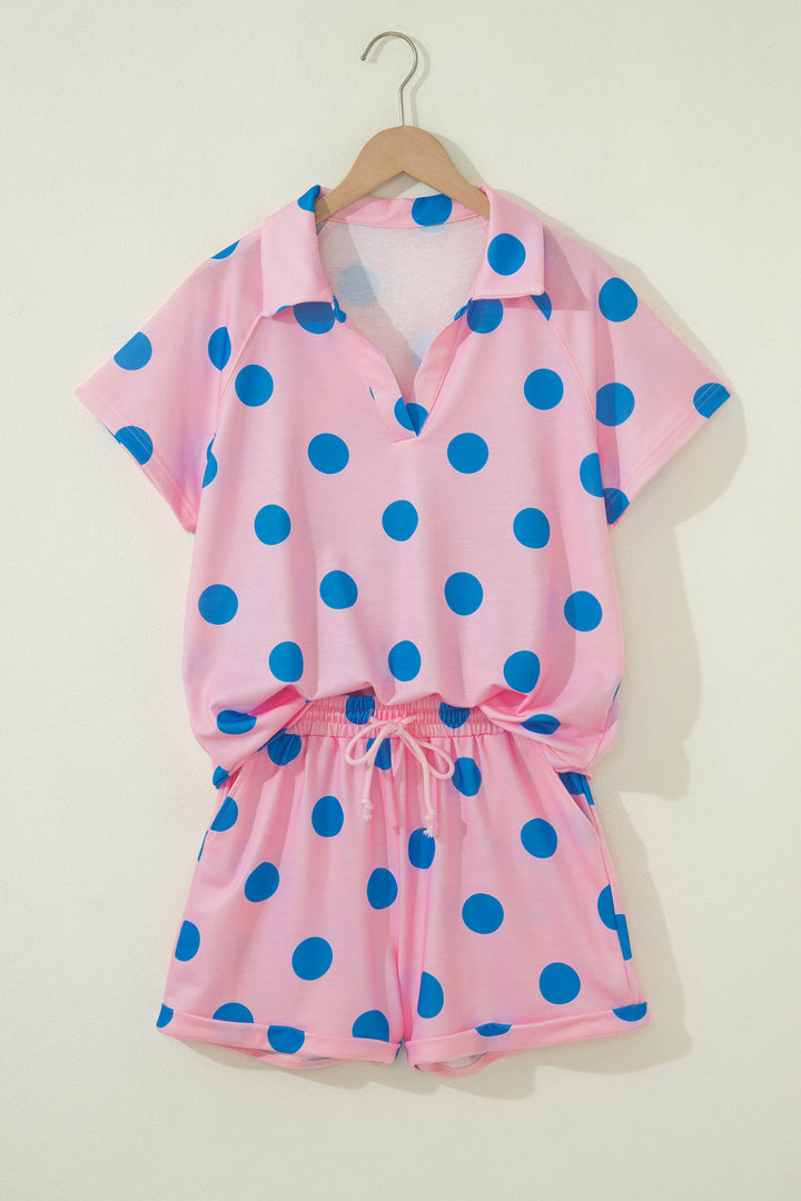 Polka Dot Print V Neck Tee Short Set