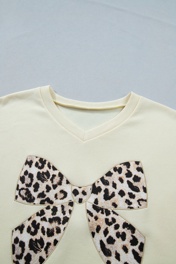Leopard Bow Patched V Neck Loose Tee Drawstring Shorts 2pcs Outfit