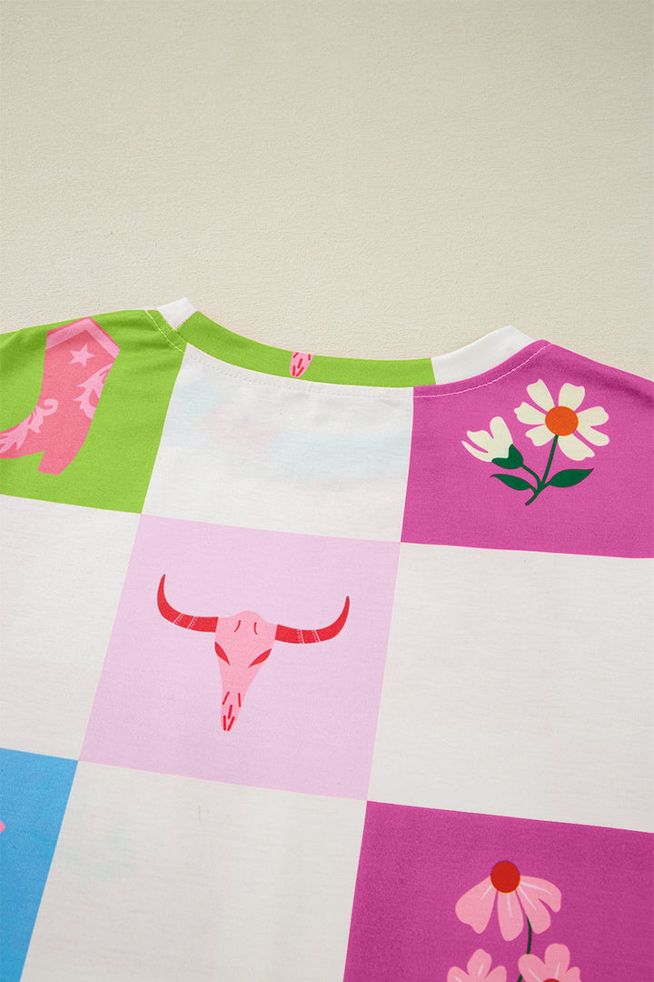 Western Fashion Checker Print Crewneck T Shirt