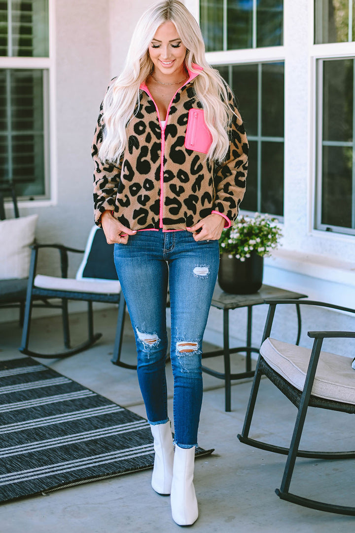 Leopard Colorblock Pocket Zipper Fuzzy Fleece Jacket