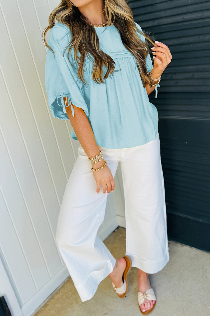 Tie Half Sleeve Pleated Detail Babydoll Blouse