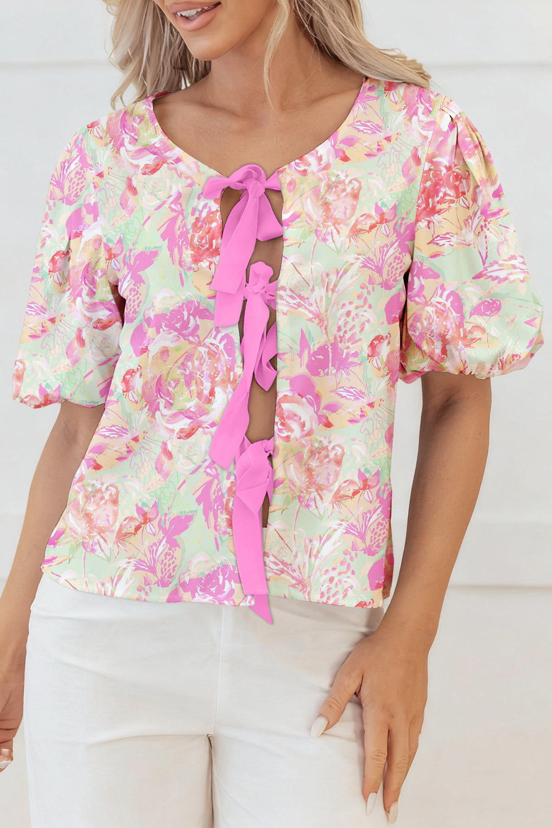 Pink Ribbon Knot Front Floral Short Puff Sleeve Blouse