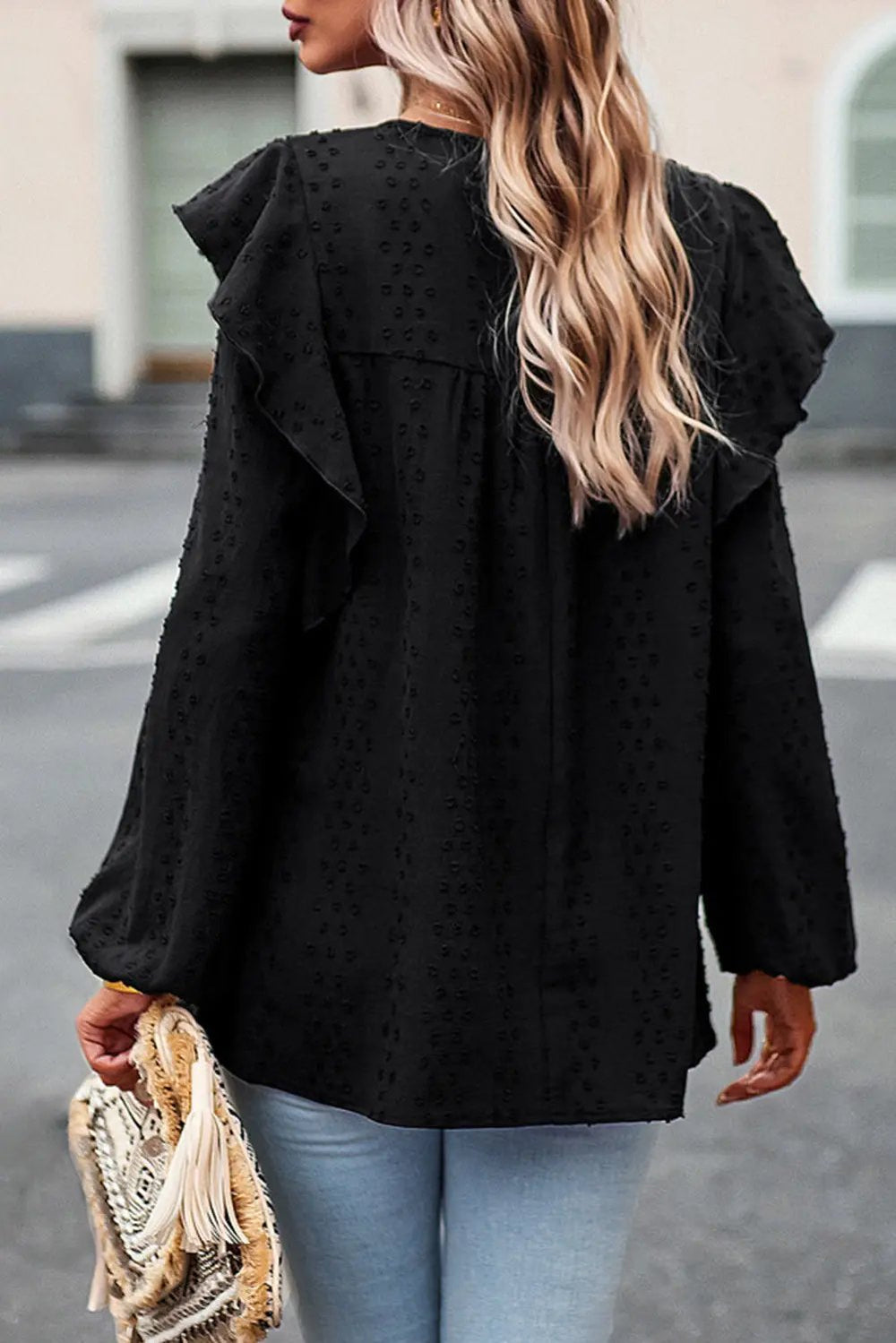 Lace Eyelet Ruffle Shoulder Long Sleeve Blouse -