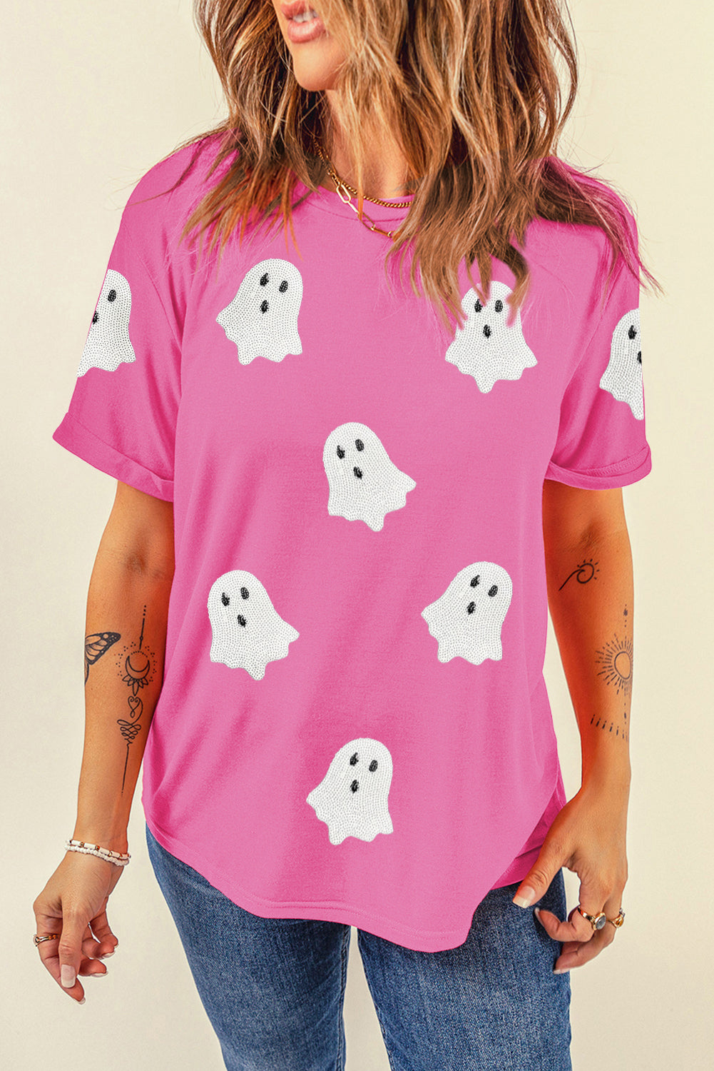 Sequin Halloween Ghost Patched Casual T Shirt
