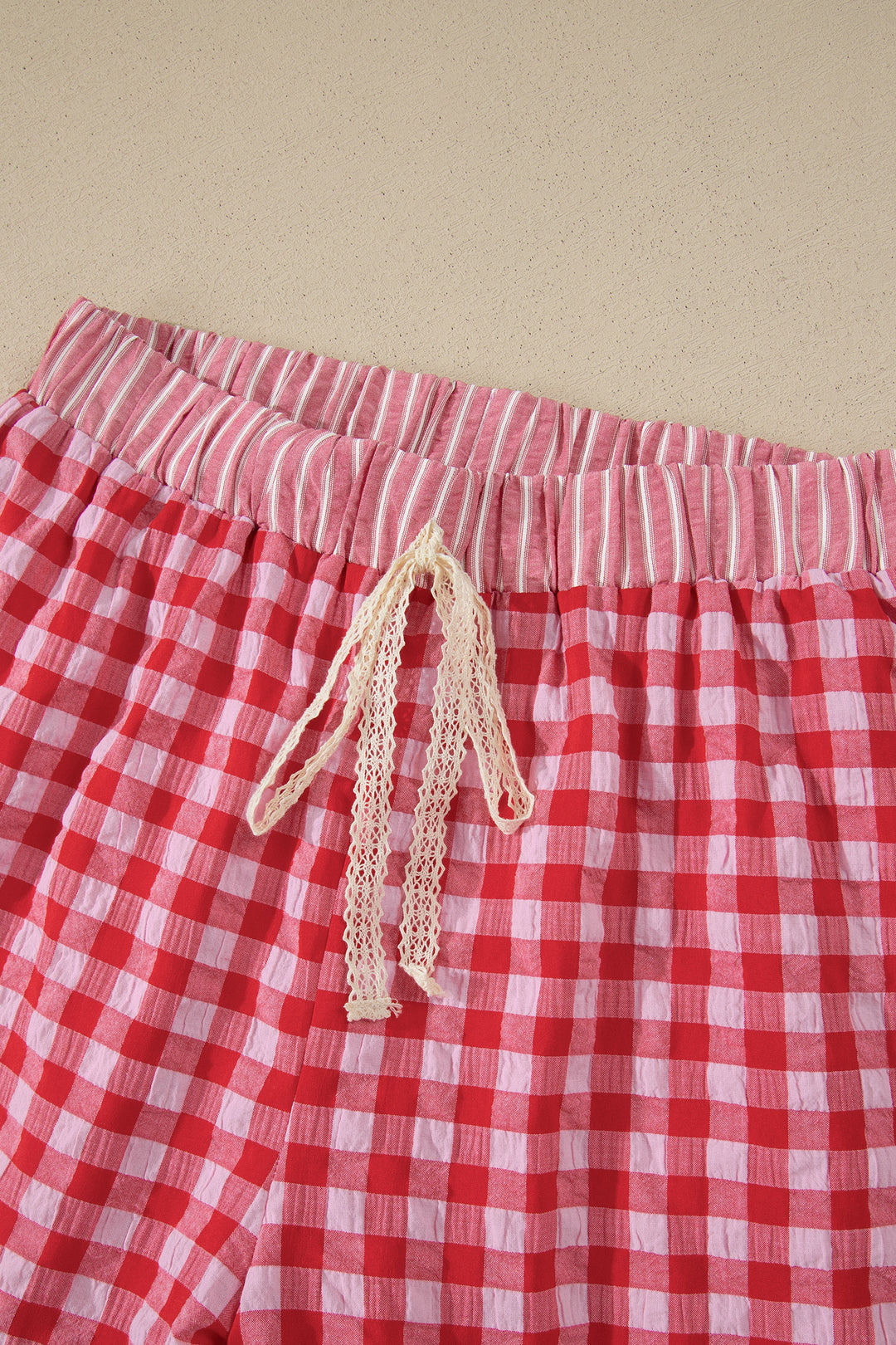Gingham Print Ruffle Striped Detail Lace Tie Shorts