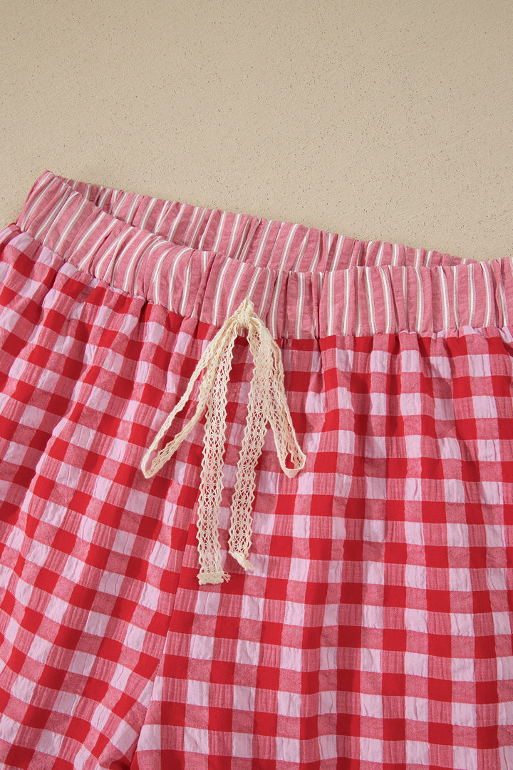 Gingham Print Ruffle Striped Detail Lace Tie Shorts