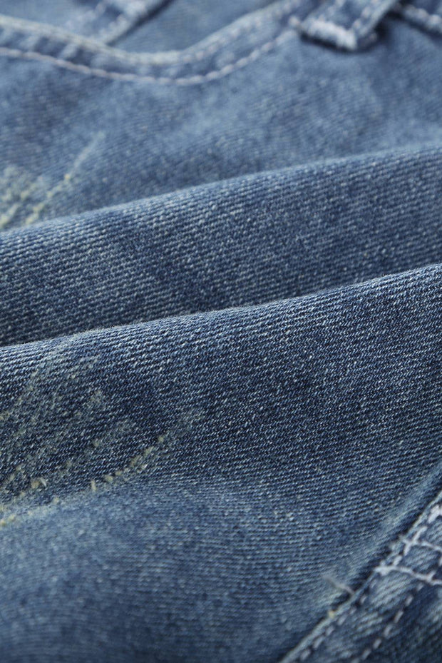 Distressed Ripped Rolled Hem Blue Denim Shorts -