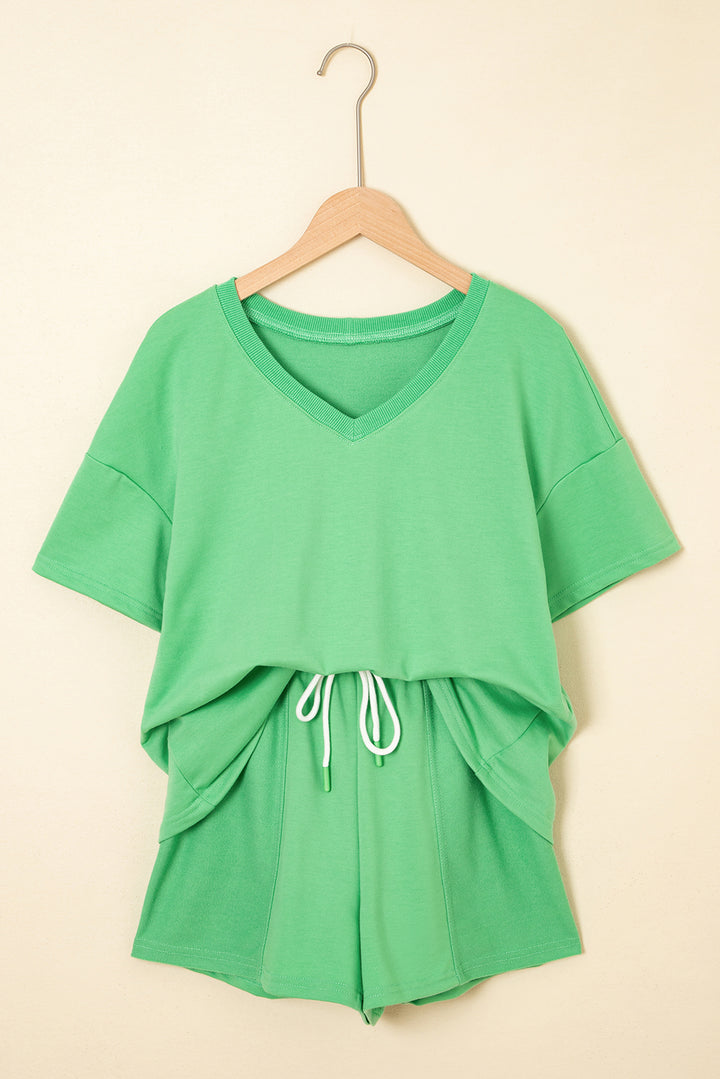 Mint Green V Neck Drop Shoulder Tee and Patchwork Drawstring Shorts Set