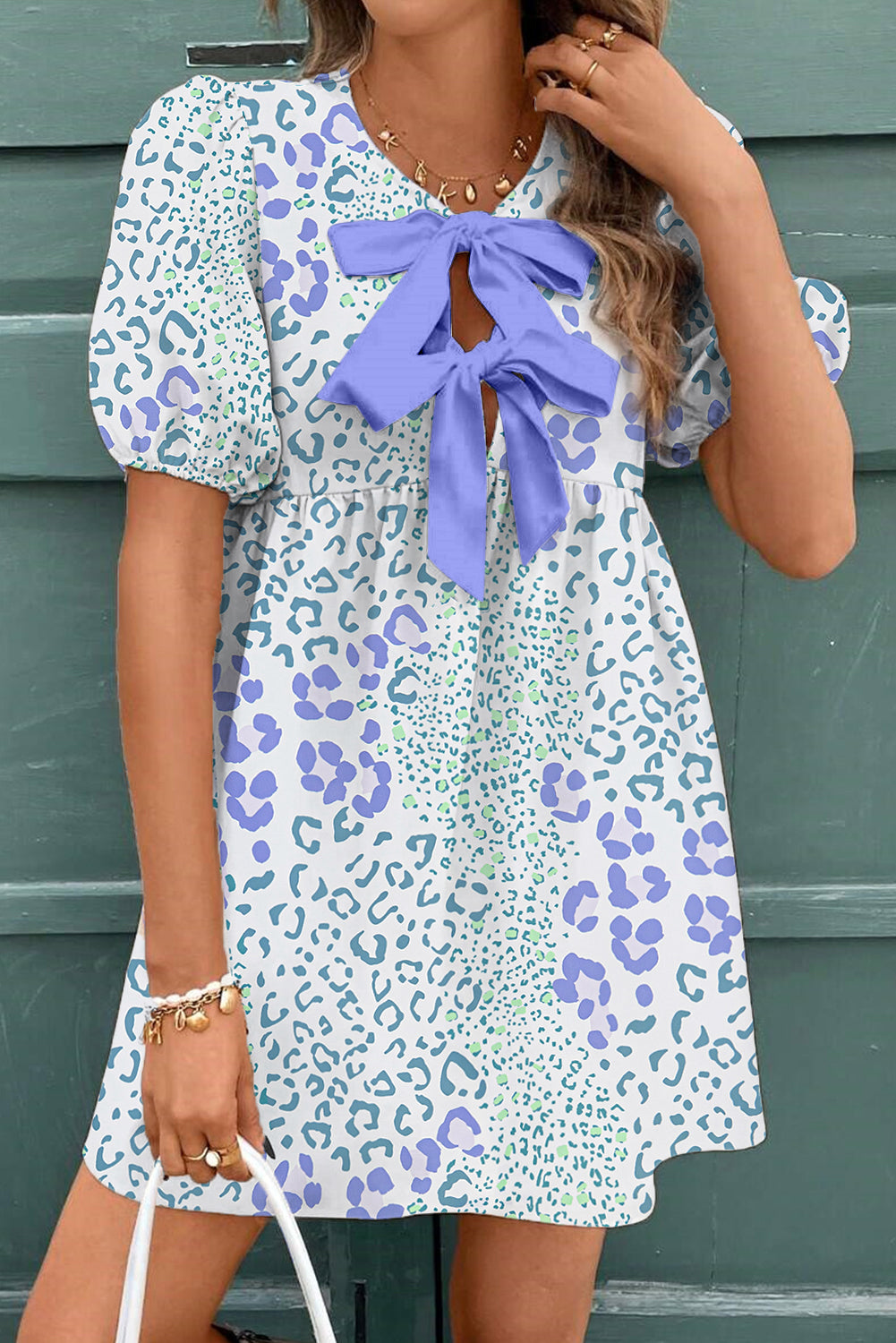Sky Blue Leopard Contrast Bow Puff Sleeve Mini Dress Sky Blue / M / 100%Polyester