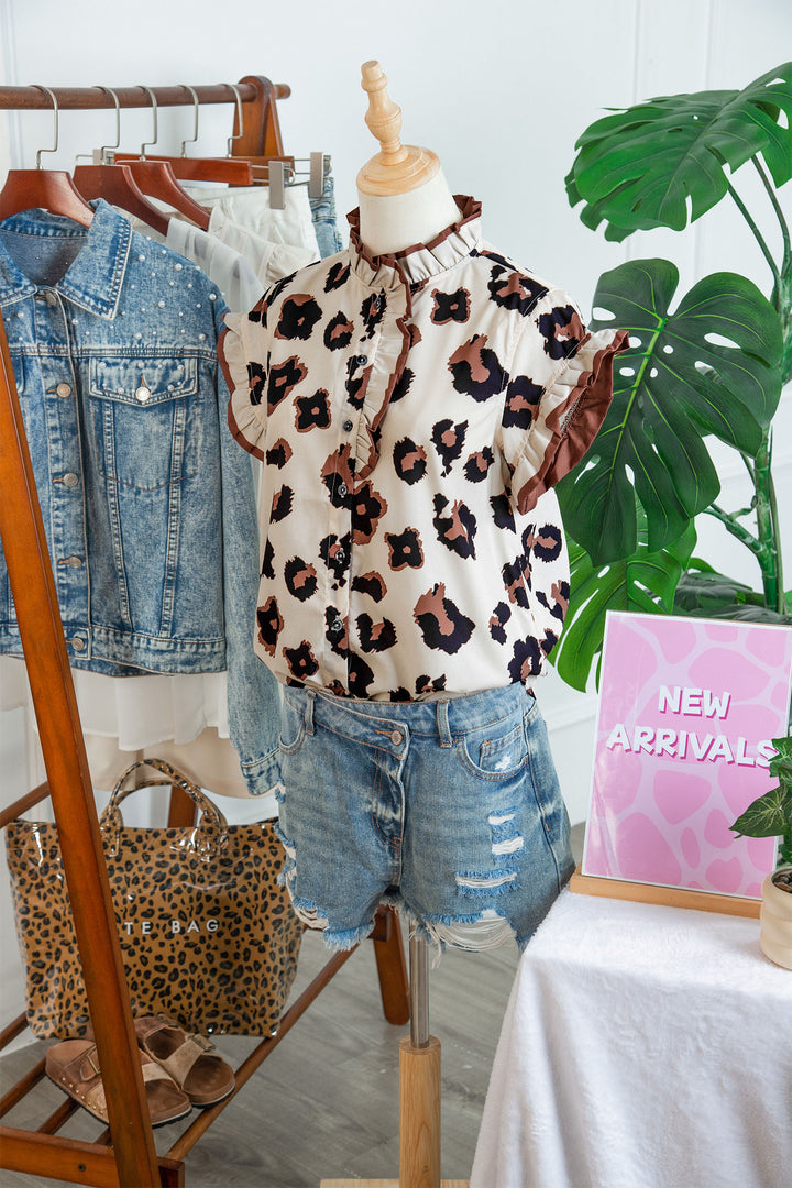 Khaki Leopard Printed Ruffle Sleeve Summer Blouse