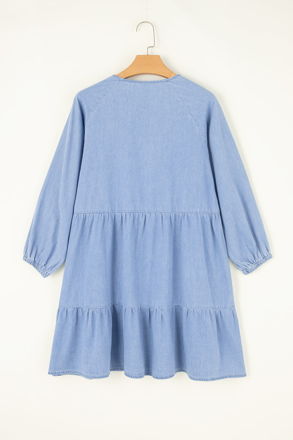 Puff Sleeve V Neck Tiered Ruffled Chambray Mini Dress