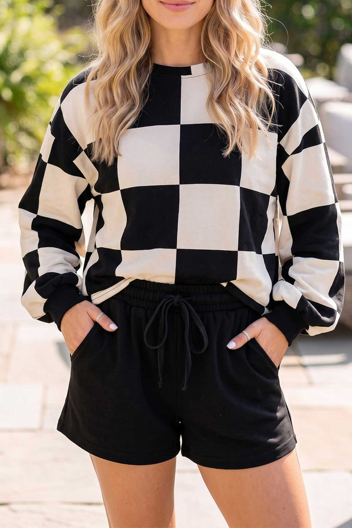 Checkerboard Plaid Long Sleeve Solid Color Shorts 2pcs Set