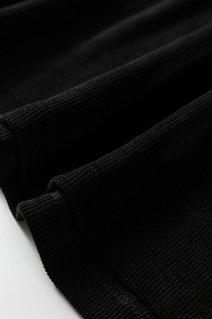 Black Solid Color Textured Knit Drop Shoulder Pullover Drawstring Shorts Set