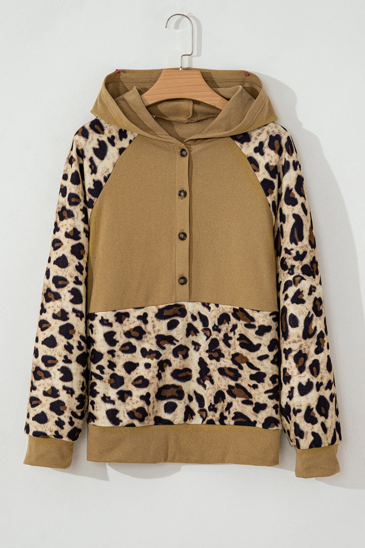 Leopard Print Patchwork Raglan Sleeve Half Buttons Hoodie