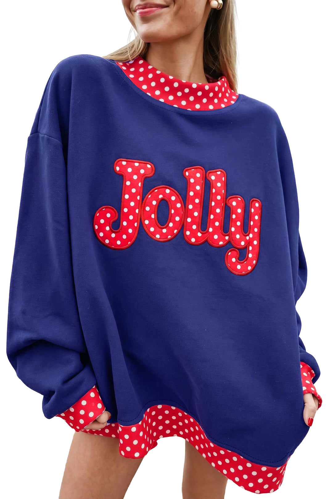 Polka Dot Letter Print Contrast Trim Mock Neck Sweatshirt