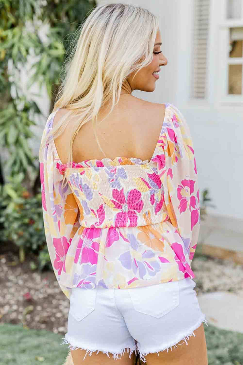 Pink Floral Print Smocked Square Neck Peplum Blouse -