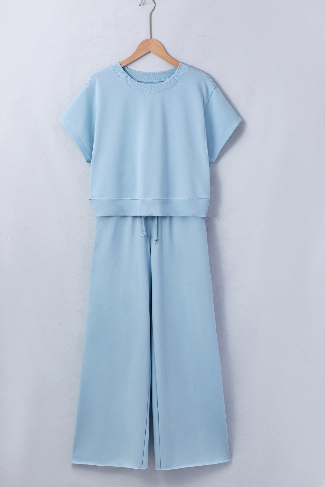 Solid Color Loose Tee Drawstring Wide Leg Pants 2pcs Outfit