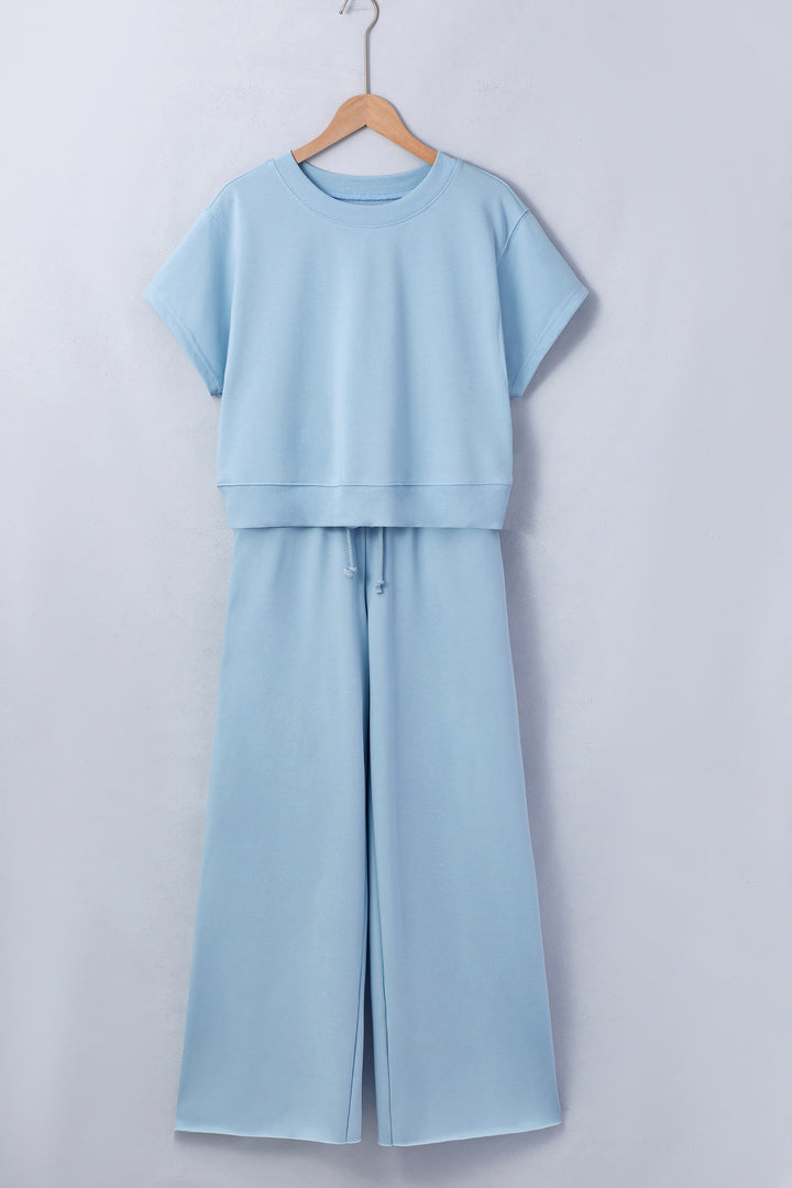 Solid Color Loose Tee Drawstring Wide Leg Pants 2pcs Outfit