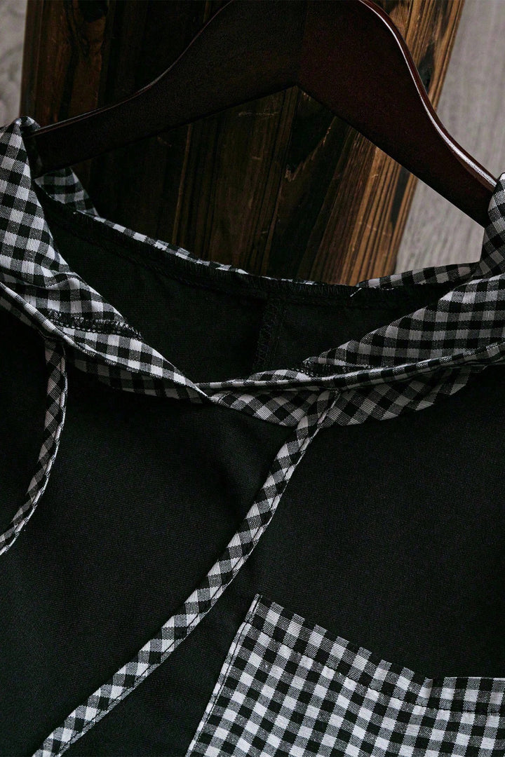 Black Hooded Gingham Paneling Chest Patch Pocket Long Sleeve Plus Size Blouse