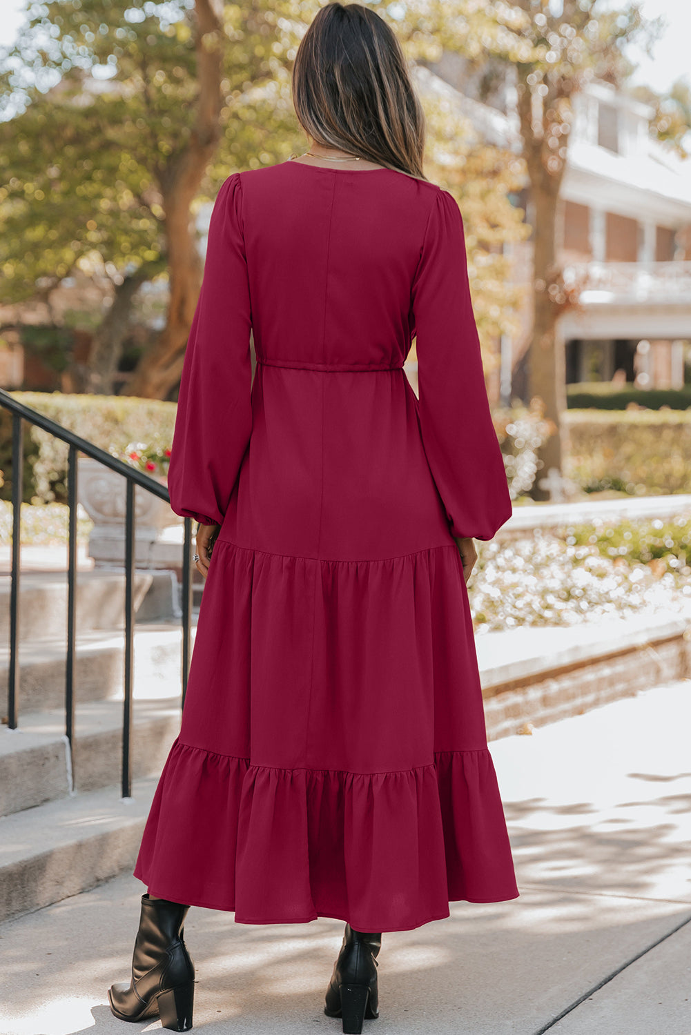 Solid color Long Sleeve Button V Neck Tiered Maxi Dress