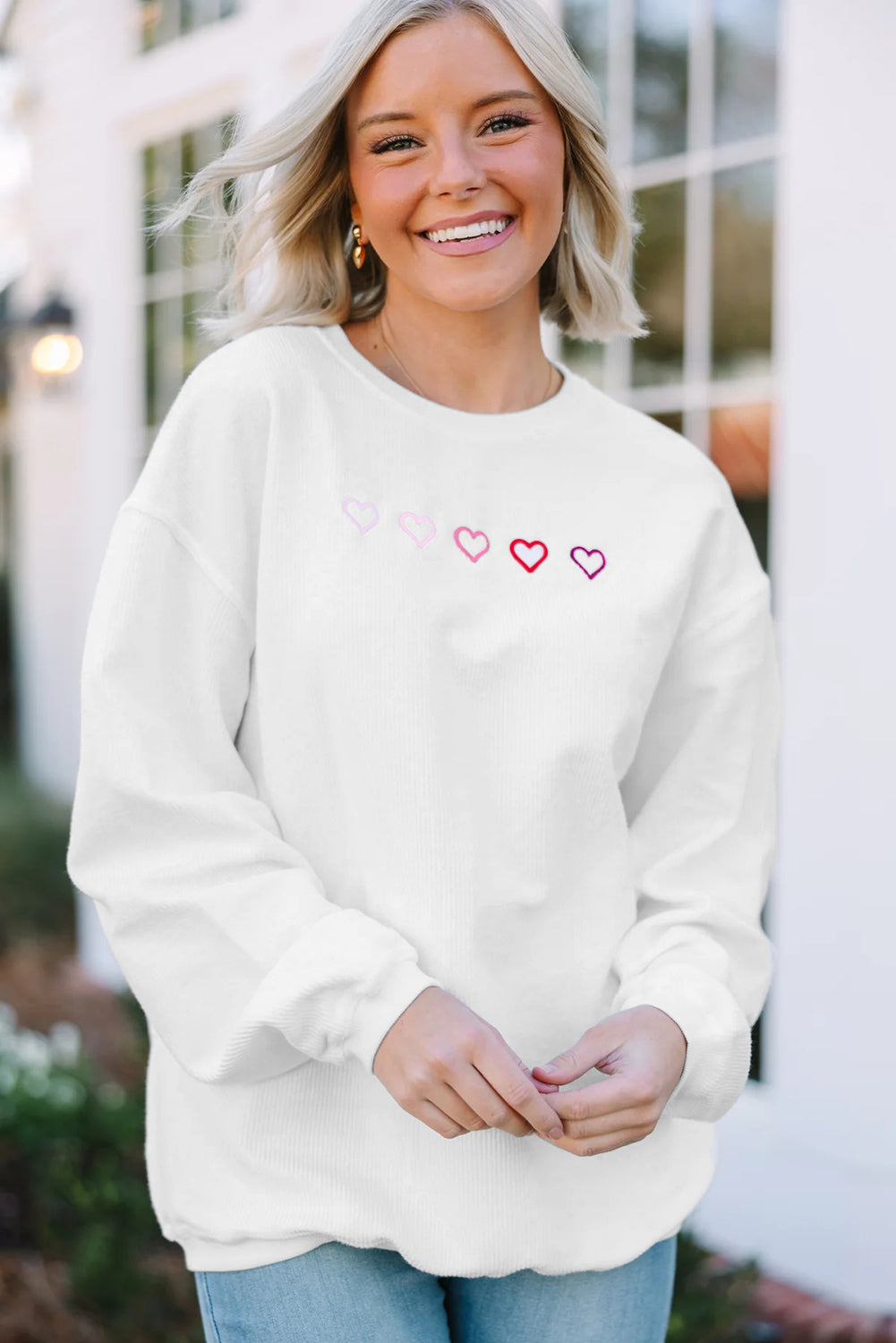 White 3d Ribbed XOXO Heart Embroidered Drop Shoulder Sweatshirt