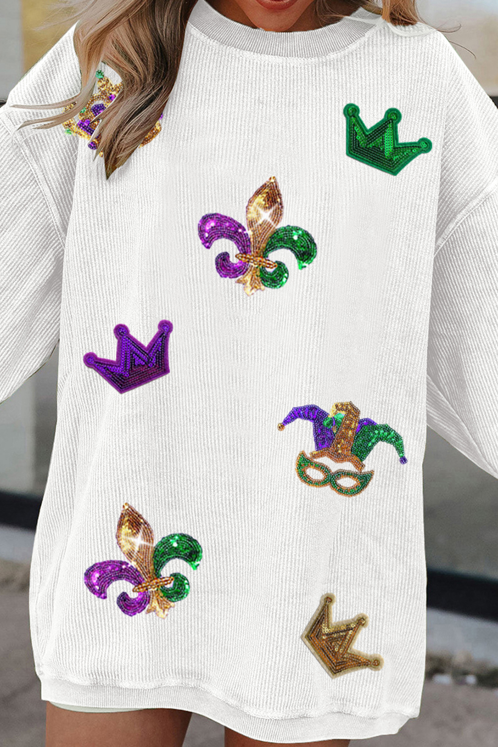 White  Mardi Gras Symbol Crown Mask Patched Corded Sweatshirt
