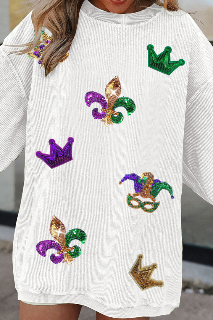White  Mardi Gras Symbol Crown Mask Patched Corded Sweatshirt